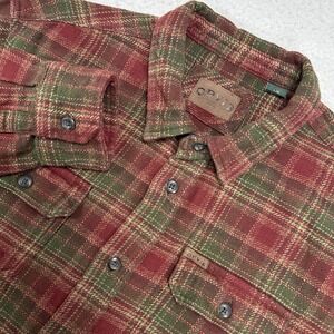 Orvis Mens Heavyweight Flannel Shirt Jacket Large Rust Green Plaid Pockets